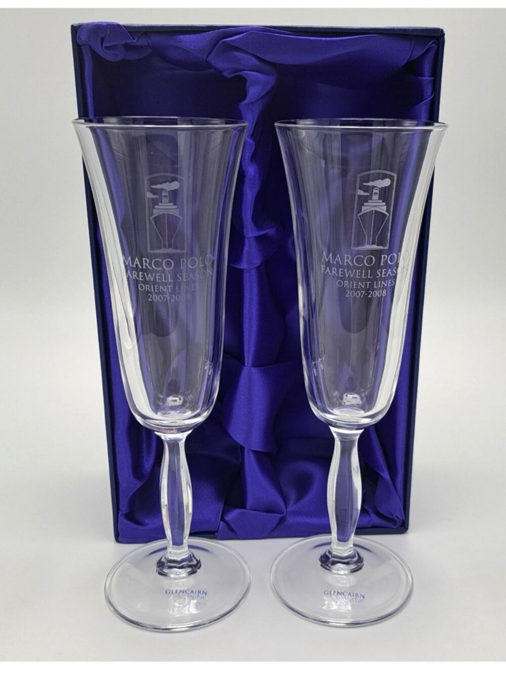 Glencairn Crystal Marco Polo Orient Lines Souvenir Embossed Stem Glasses Custom